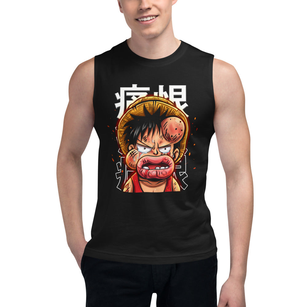 Sin mangas One Piece Luffy Crying Swollen Lips Kanji - Modelo masculino