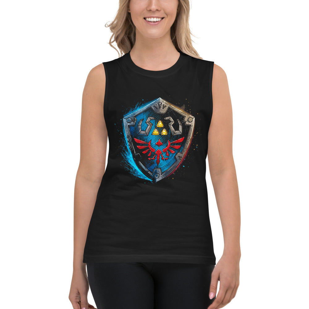 Sin mangas Zelda Hylian Shield Triforce Blue Brushstroke - Modelo femenina