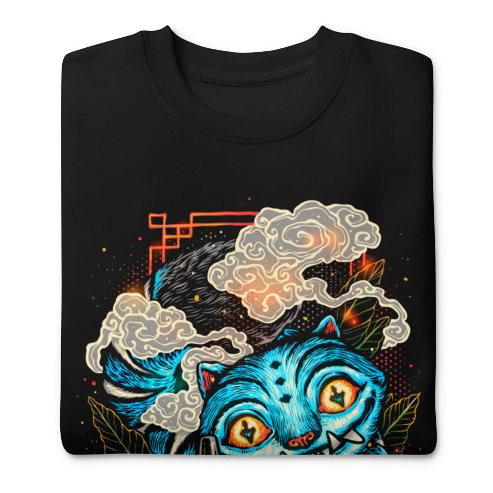 Suéter Blue Fanged Cat Crow And Roses - Doblado