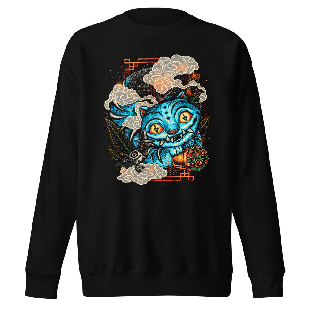 Suéter Blue Fanged Cat Crow And Roses - Frente