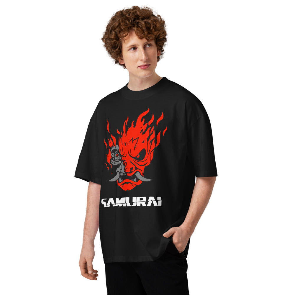 Oversize Cyberpunk Samurai Oni Mask Flames - Modelo masculino