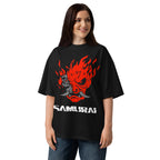 Oversize Cyberpunk Samurai Oni Mask Flames - Modelo femenina