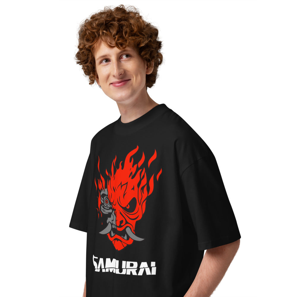 Oversize Cyberpunk Samurai Oni Mask Flames - Modelo masculino lateral